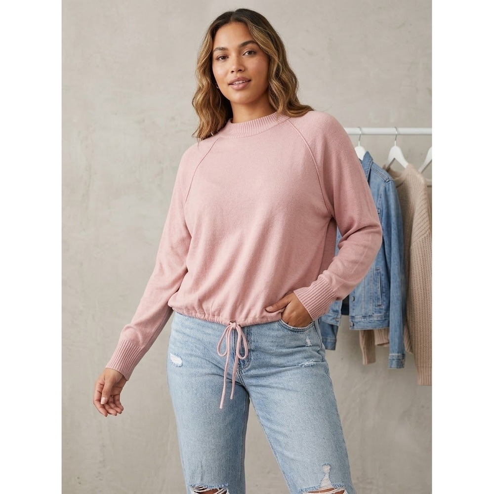A New Day Women's Pink Raglan Long Sleeve Drawstring Hem Pullover Sweater Size L